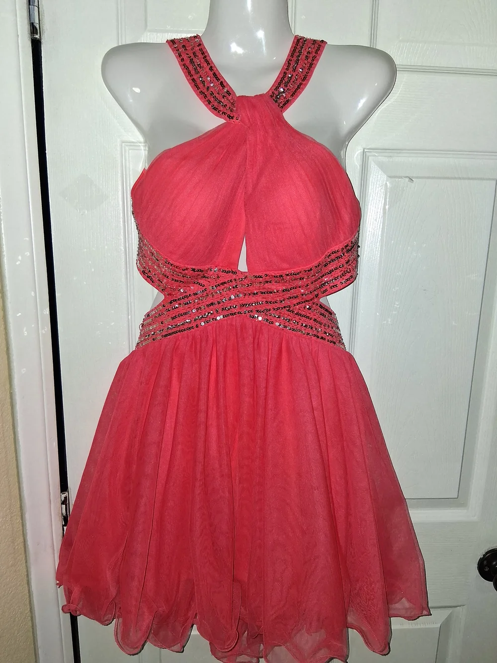 Blondie Nites Vtg Y2K Pink Beaded Halter Keyhole Prom Cocktail Dress